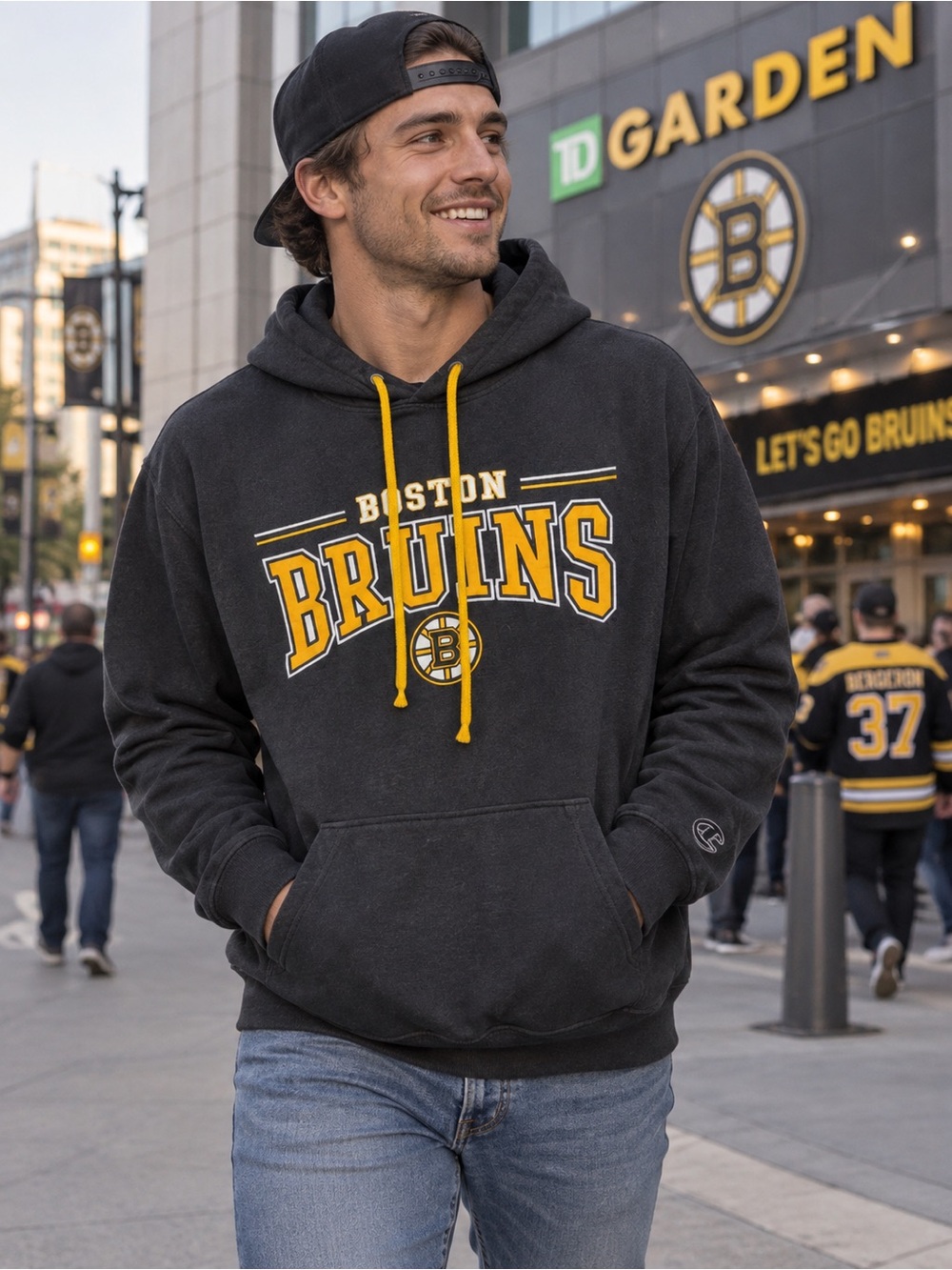 Colosseum Black Hoodie with Yellow Bruins Hockey Graphic
